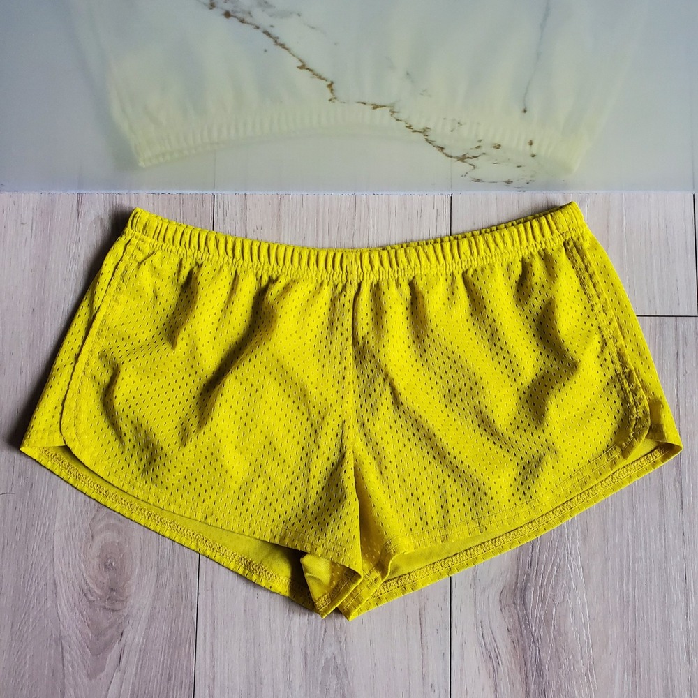 Soffe Mesh Shorts Womens L Yellow Low Rise Elastic Waist Cheer Running Gym Y2K